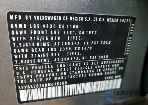 2024 Volkswagen Taos S z USA, uszkodzony, nr VIN 3VV8X7B26RM018200